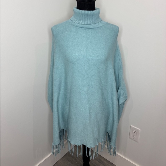 Turquoise Thick Turtleneck Poncho with Sleeves - Picture 2 of 7